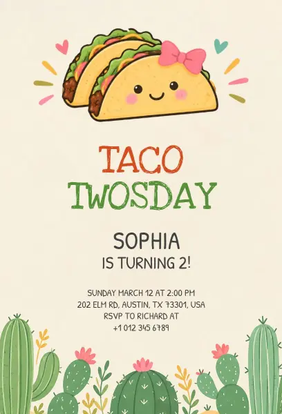 Colorful Taco Twosday Birthday Invitation Template
