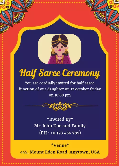 Colorful Traditional Half Saree Ceremony Invitation Template