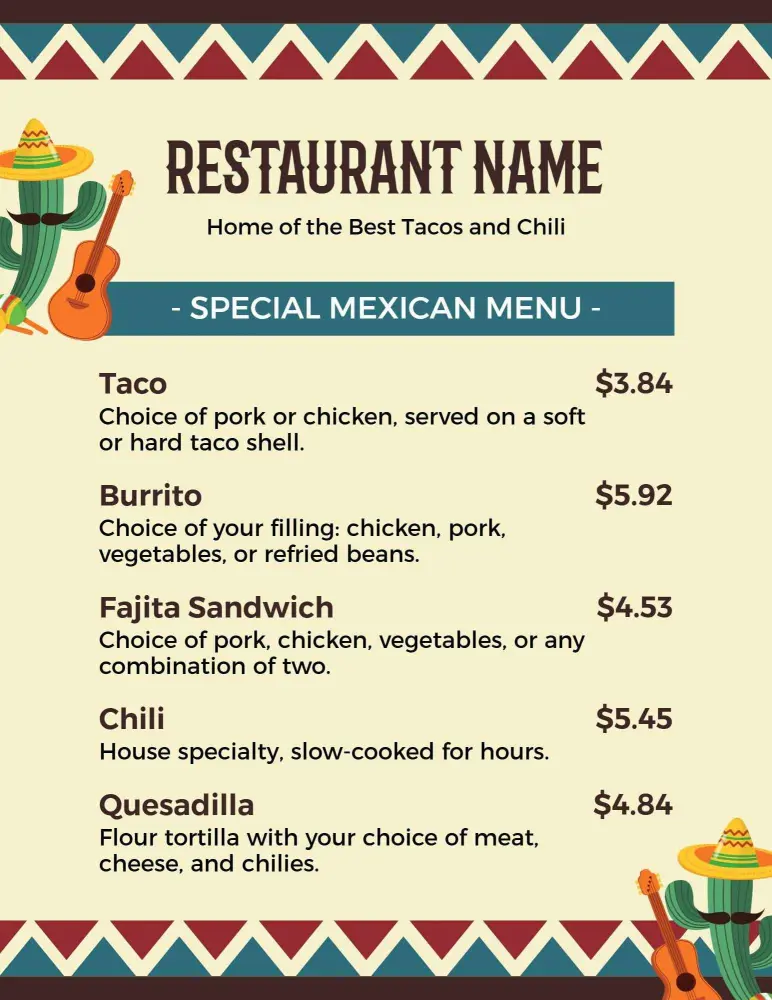 Colorful Traditional Mexican Specialties Dining Menu Template