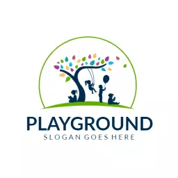 Colorful Tree and Happy Kids Enjoying Outdoor Playground Logo Template
