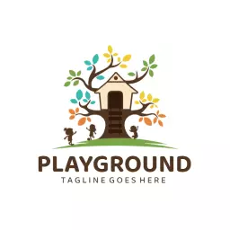 Colorful Treehouse Surrounded by Kids Playing Logo Template