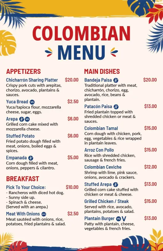 Colorful Tropical Leaves Colombian Dining Menu Template
