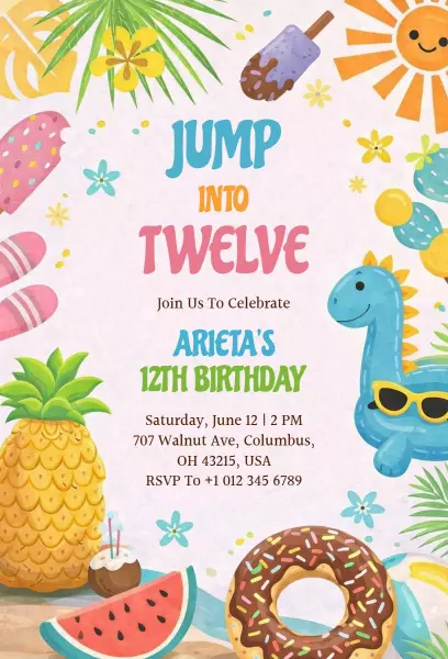 Colorful Tropical Pool Party Birthday Celebration Invitation Template
