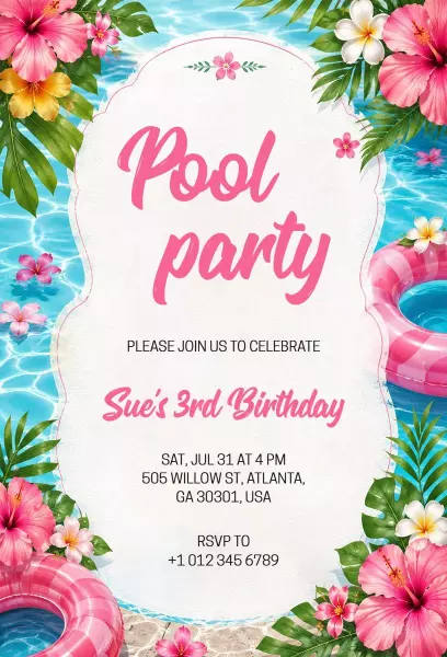 Colorful Tropical Pool Party Celebration Invitation Template