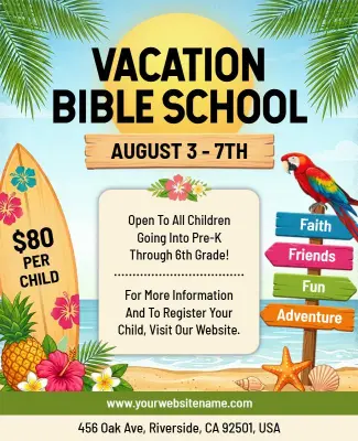 Colorful Tropical Vacation Bible School Adventure Flyer Template