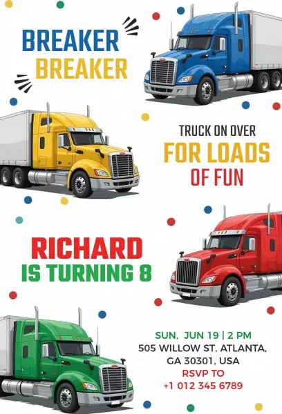 Colorful Truck Theme Birthday Celebration Invitation Template