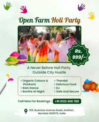 Colorful Vibrant Open Farm Holi Party Celebration Poster Template