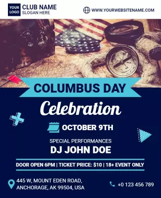 Festive Blue Columbus Day Celebration Party Flyer Template