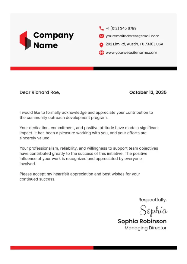 Community Contribution Recognition Personal Letterhead Template