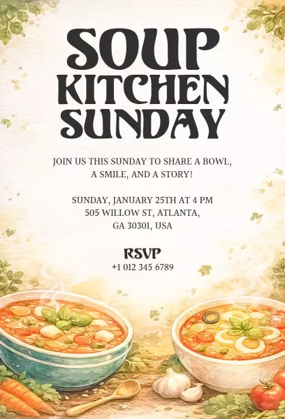 Community Soup Kitchen Sunday Volunteer Event Invitation Template