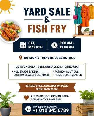 Community Yard Sale and Fish Fry Event Flyer Template