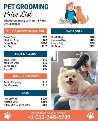Complete Pet Grooming Services Price List Flyer Template