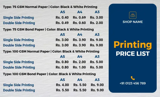 Comprehensive 75 and 100 GSM Printing Options Price List Template