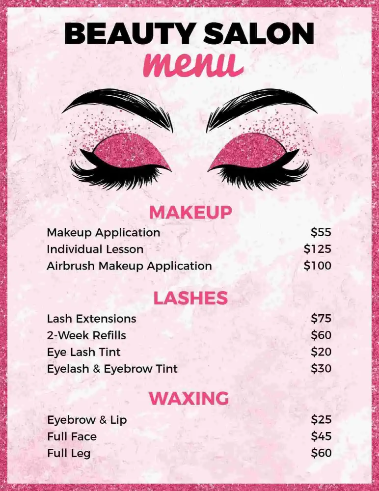 Comprehensive Beauty Treatments and Pricing Salon Menu Template