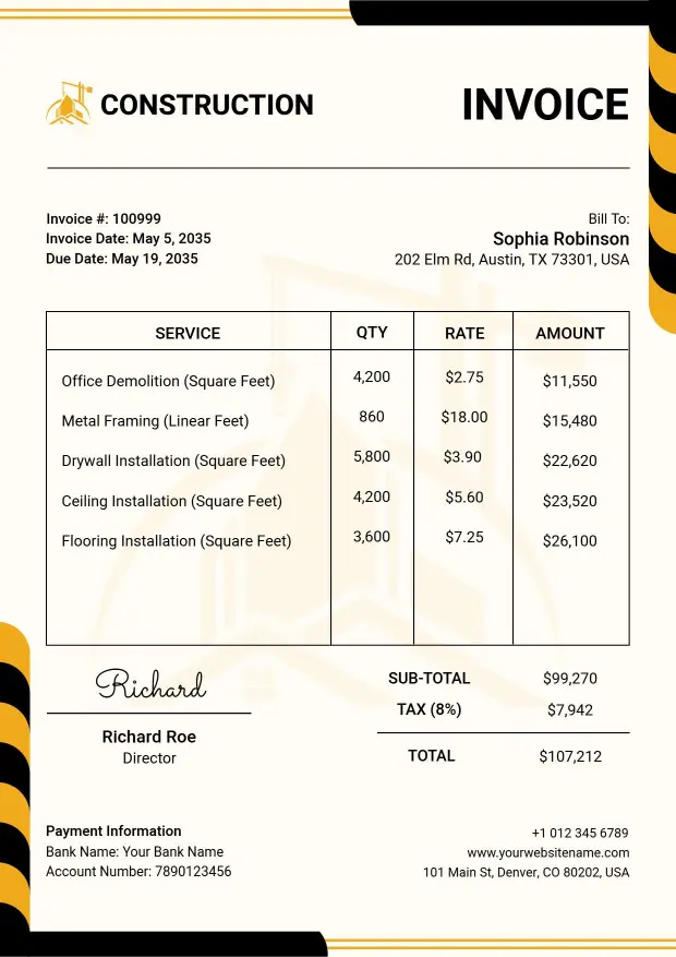Comprehensive Commercial Building Services Billing Construction Invoice Template