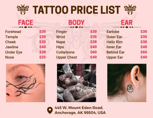 Comprehensive Ear and Face Art Body Tattoo Price List Template