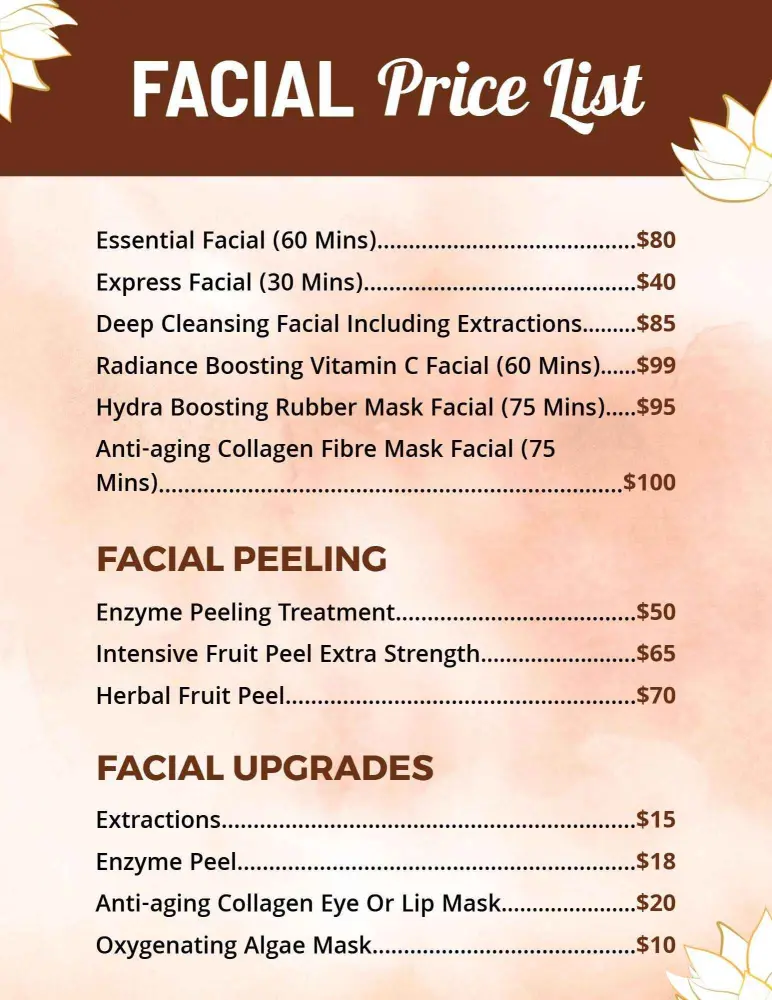 Comprehensive Facial Peeling and Upgrade Options Price List Template