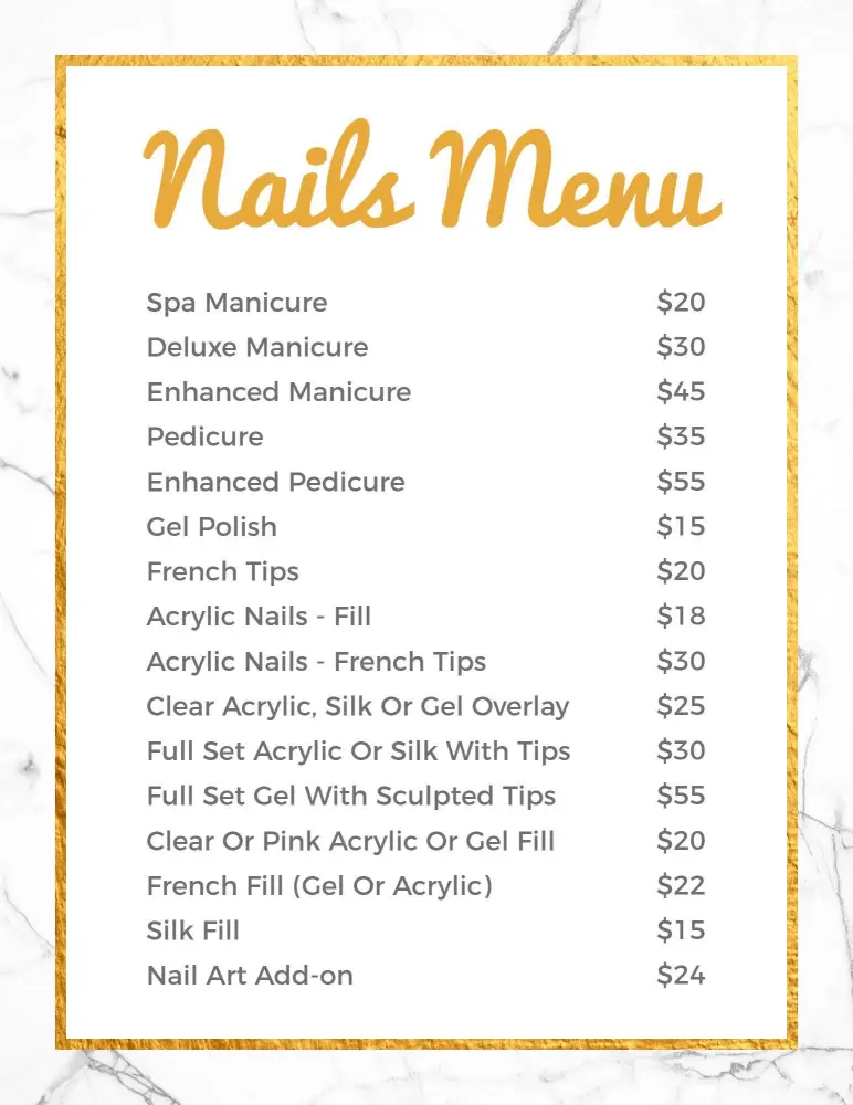 Comprehensive Gel Polish Options and Fills Nail Menu Template