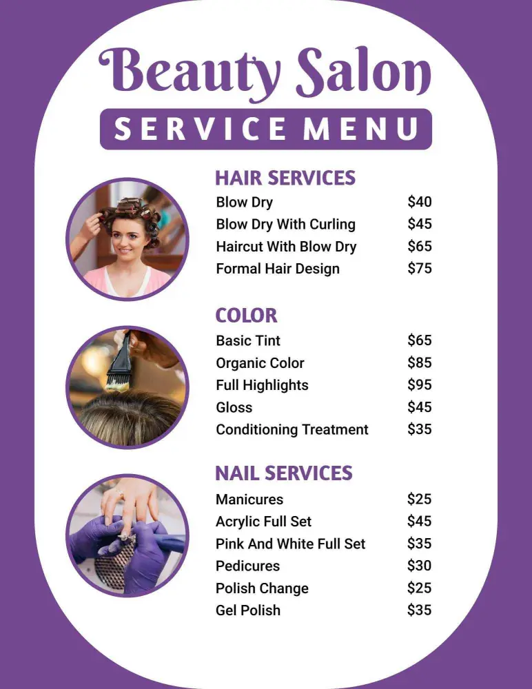 Comprehensive Nail Care and Styling Features Salon Service Menu Template
