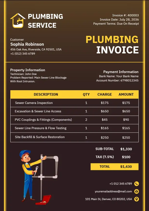 Comprehensive Pipe Repair and Inspection Charges Plumbing Invoice Template