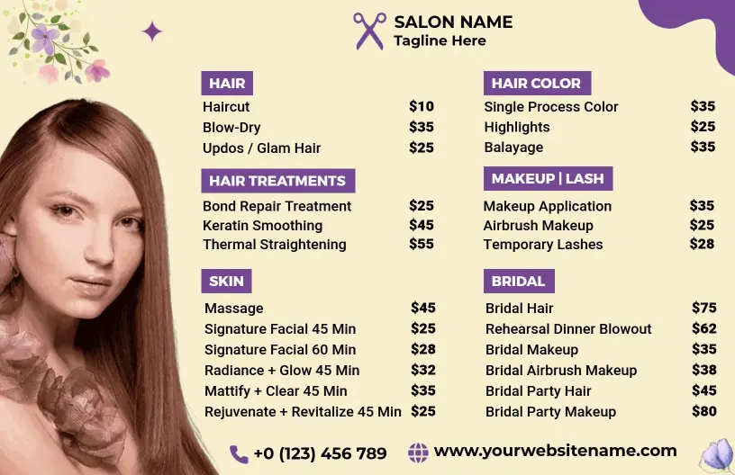 Comprehensive Services and Treatments Overview Salon Price List Template