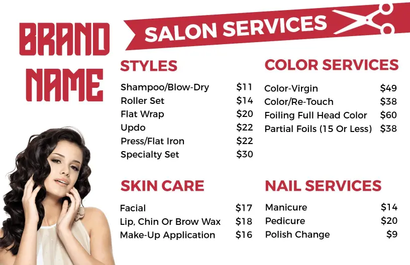 Comprehensive Styling and Treatment Options Salon Price List Template