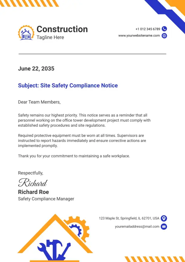 Construction Company Safety Message Letterhead Template