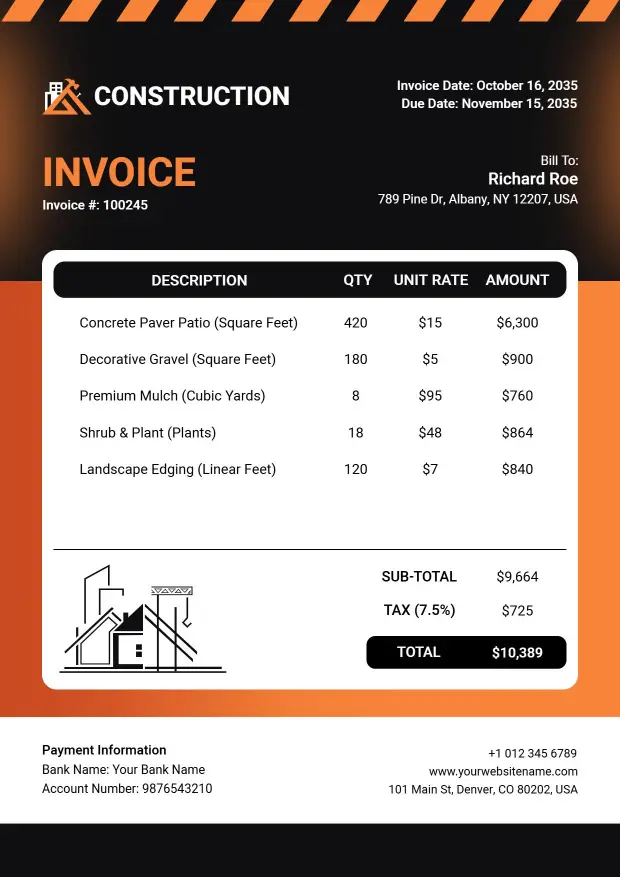 Construction Cost and Quantity Invoice Template