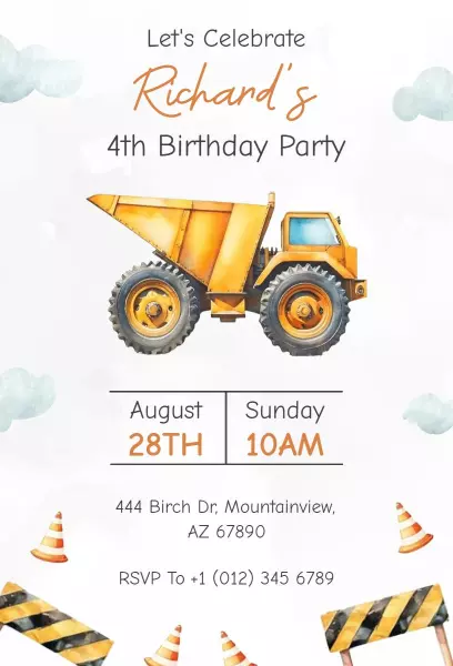 Construction Dump Truck Themed Birthday Party Invitation Template