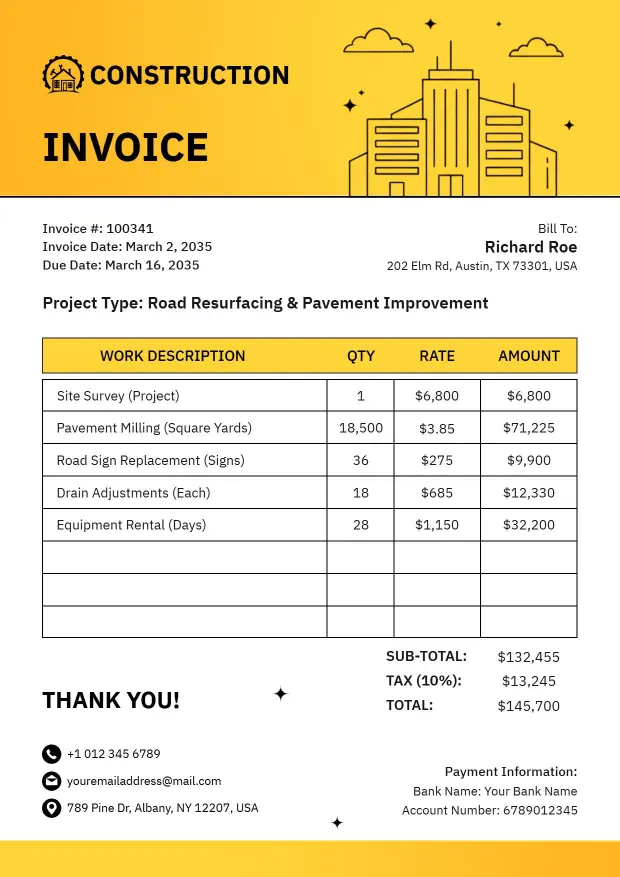 Construction Project Billing Featuring Materials and Labor Invoice Template