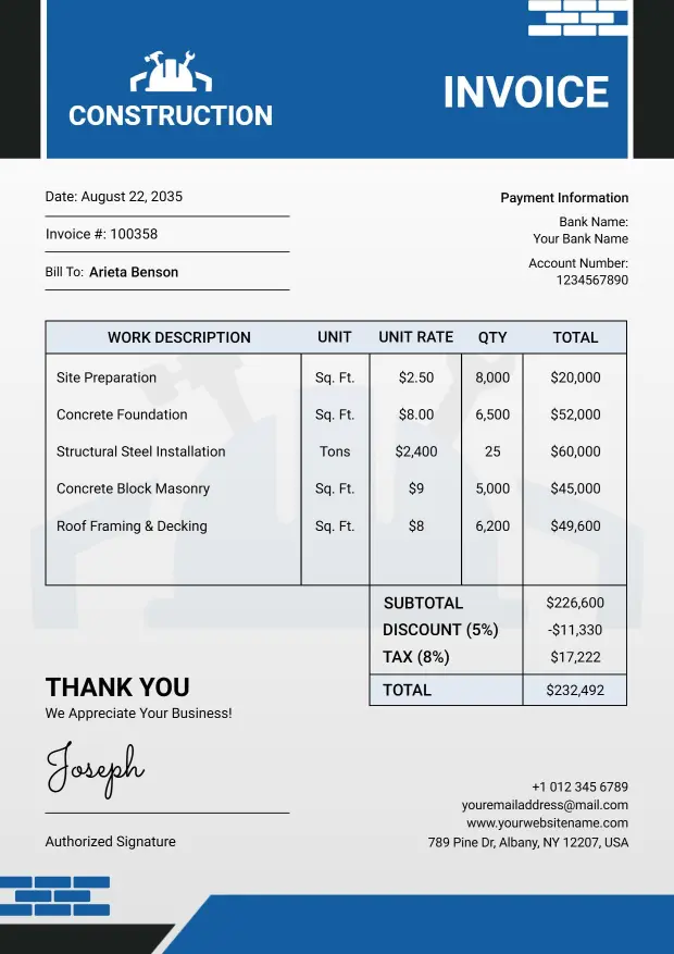 Construction Project Cost Breakdown and Services Invoice Template
