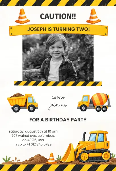 Construction Theme 2nd Birthday Party Invitation Template