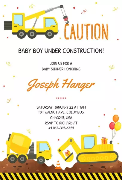 Construction Theme Baby Boy Shower Celebration Invitation Template