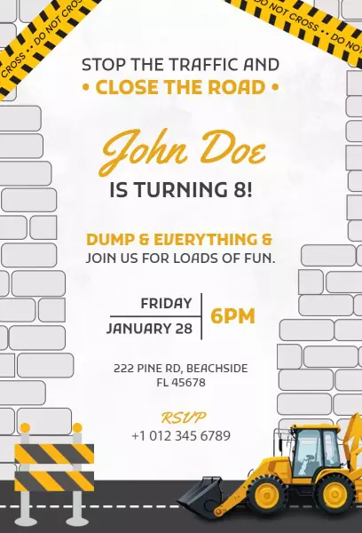 Construction Theme Birthday Bash Celebration Invitation Template