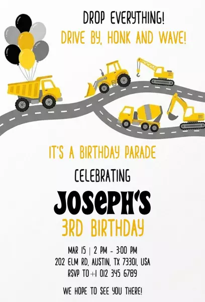 Construction Theme Birthday Parade Celebration Invitation Template