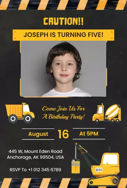 Construction Theme Fun 5th Birthday Celebration Invitation Template