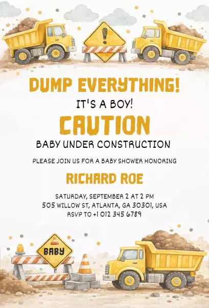 Construction Theme It's a Boy Baby Shower Invitation Template
