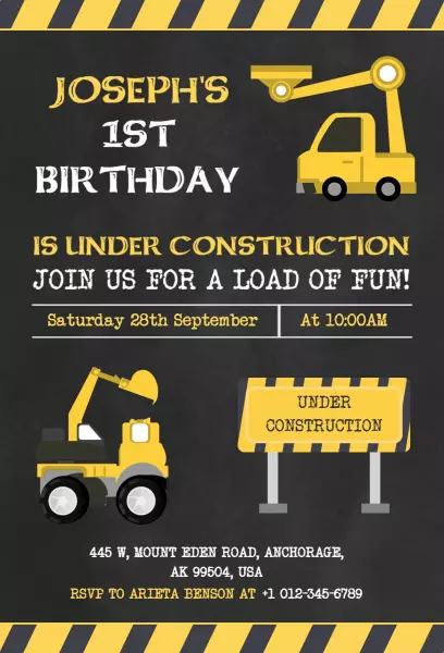 Construction Themed 1st Birthday Celebration Invitation Template