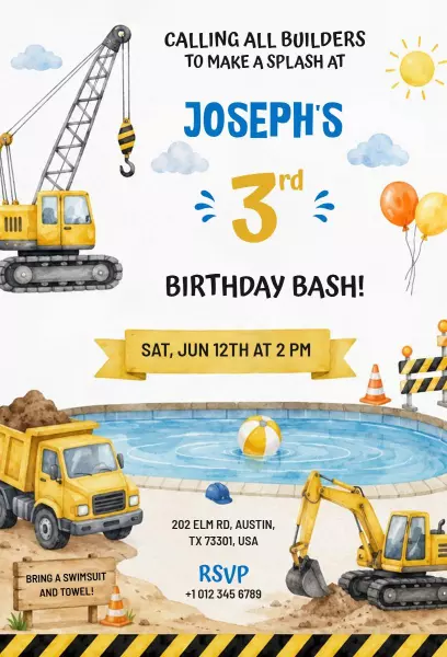 Construction-Themed 3rd Birthday Celebration Invitation Template