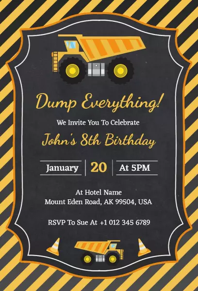 Construction Themed Truck Birthday Celebration Invitation Template
