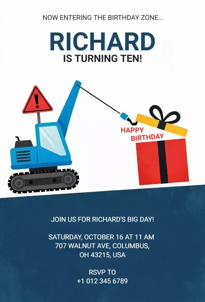 Construction Vehicle Fun 10th Birthday Celebration Invitation Template