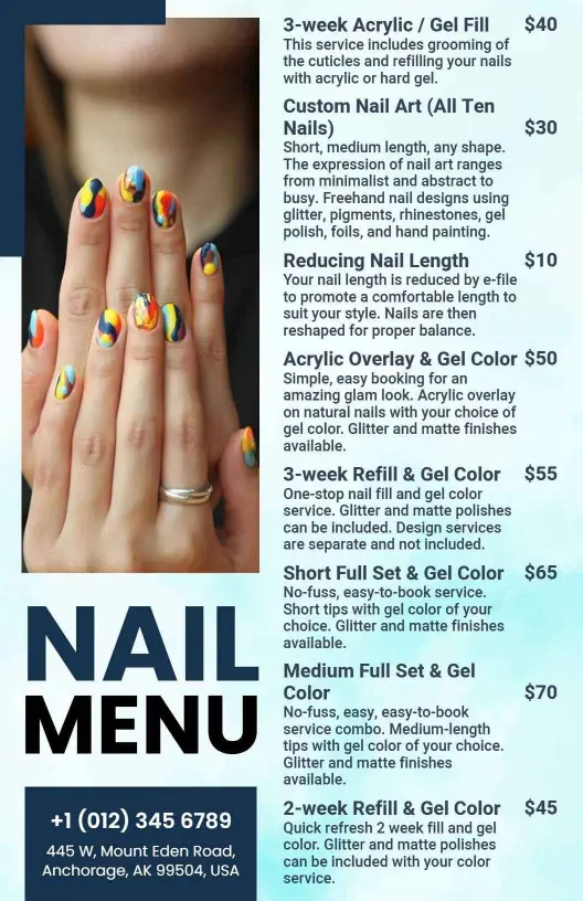 Contemporary Blue and White Nail Salon Service Menu Template