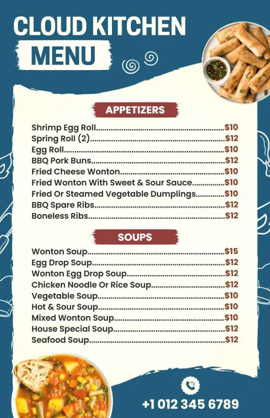 Contemporary Blue Cloud Kitchen Flavorful Menu Template