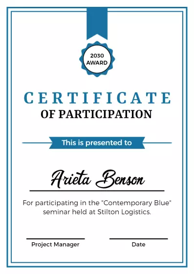 Contemporary Blue Stylish Participation Seminar Certificate Template