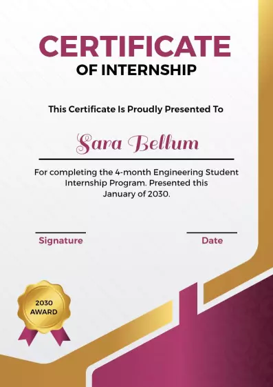 Contemporary Purple and Gold Internship Achievement Certificate Template