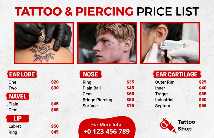 Contemporary Red Tattoo and Piercing Price List Template