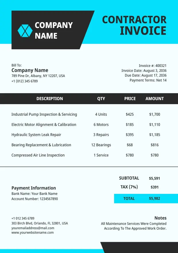 Contractor Service and Industrial Work with Billing Invoice Template