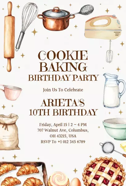Cookie Baking Fun 10th Birthday Celebration Invitation Template