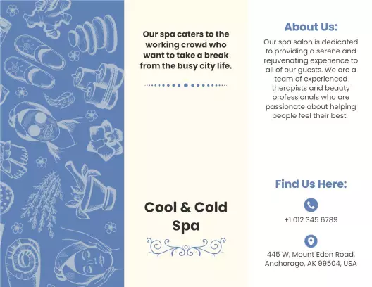 Cool Blue Relaxing Spa Services and Wellness Brochure Template