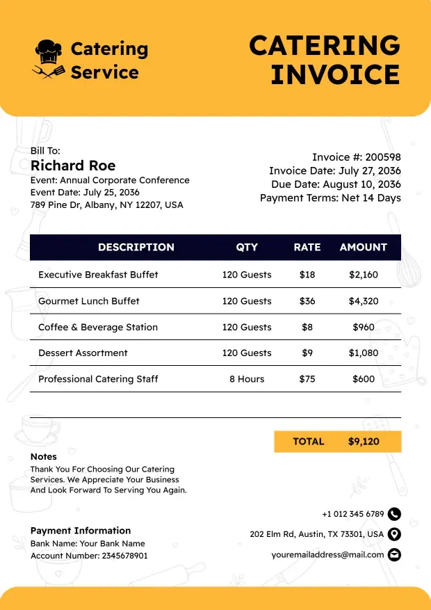 Corporate Event Catering Service and Charges Invoice Template